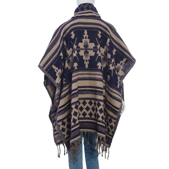 Tribal Print Poncho Acrylic Navy and Tan - Picture 2 of 4